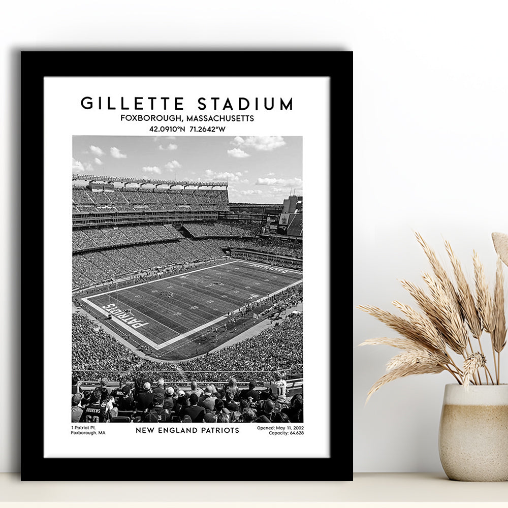Gillette Stadium Black And White, New England Patriots Football Stadium Wall Art Print, Framed Art Prints Wall Decor