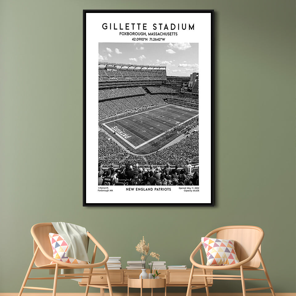 Gillette Stadium Black And White, New England Patriots Football Stadium Wall Art Print, Framed Canvas Prints Wall Art
