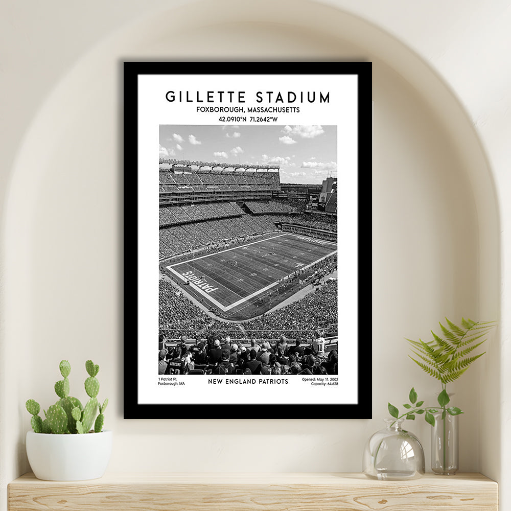 Gillette Stadium Black And White, New England Patriots Football Stadium Wall Art Print, Framed Art Prints Wall Decor