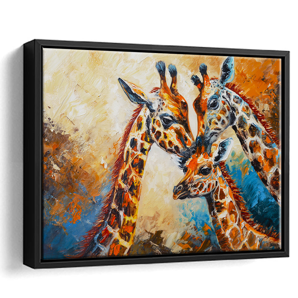 Giraffe Family, Baby Between Mom And Dad, Framed Canvas Painting, Framed Canvas Prints Wall Art Decor