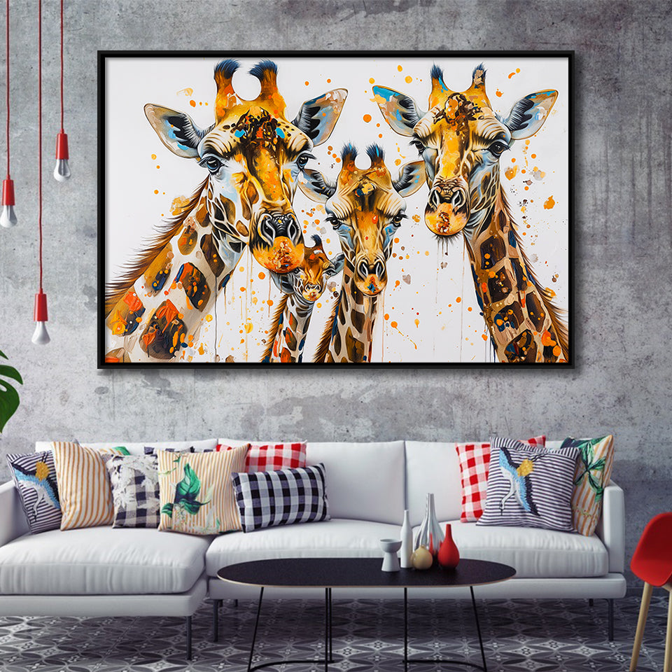 Giraffe Family Oil Painting V1, Framed Canvas Painting, Framed Canvas Prints Wall Art Decor