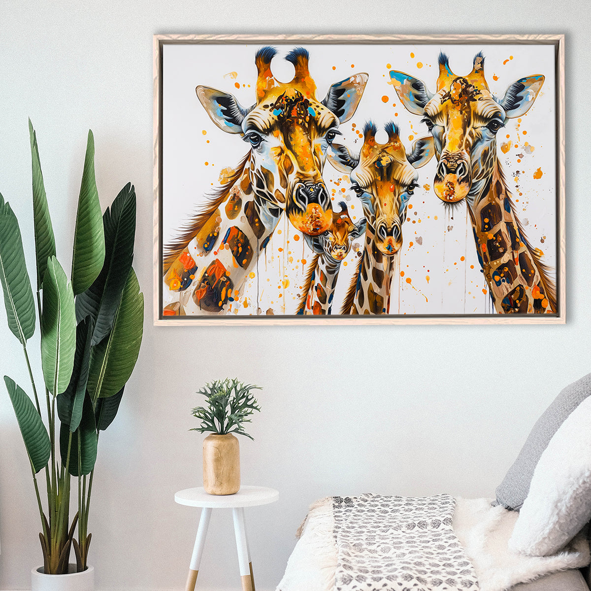 Giraffe Family Oil Painting V1, Framed Canvas Painting, Framed Canvas Prints Wall Art Decor