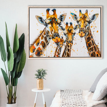 Giraffe Family Oil Painting V1, Framed Canvas Painting, Framed Canvas Prints Wall Art Decor