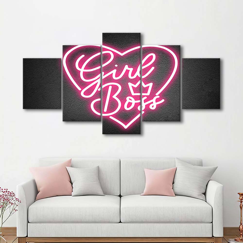 Girl Boss Art Print, 5 Panel Mixed Canvas Print Wall Art, Home Decor, Neon Canvas