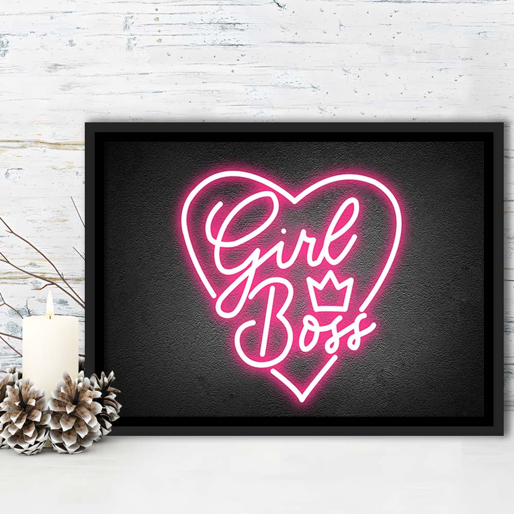 Girl Boss Art Print, Framed Canvas Print Wall Art Decor, Floating Frame, Neon Effect Art