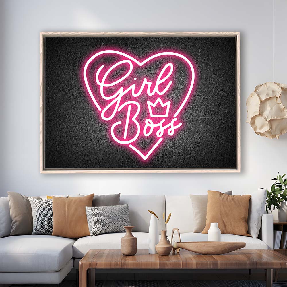 Girl Boss Art Print, Framed Canvas Print Wall Art Decor, Floating Frame, Neon Effect Art