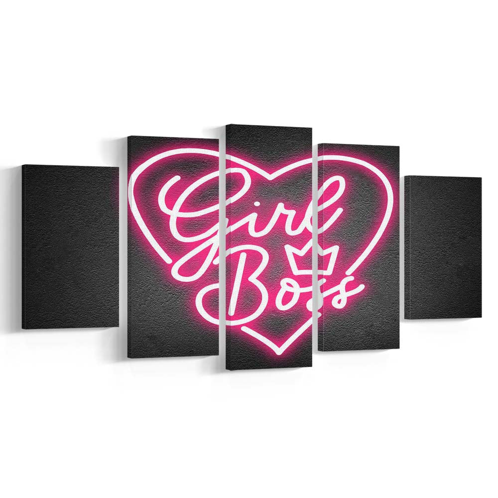 Girl Boss Art Print, 5 Panel Mixed Canvas Print Wall Art, Home Decor, Neon Canvas
