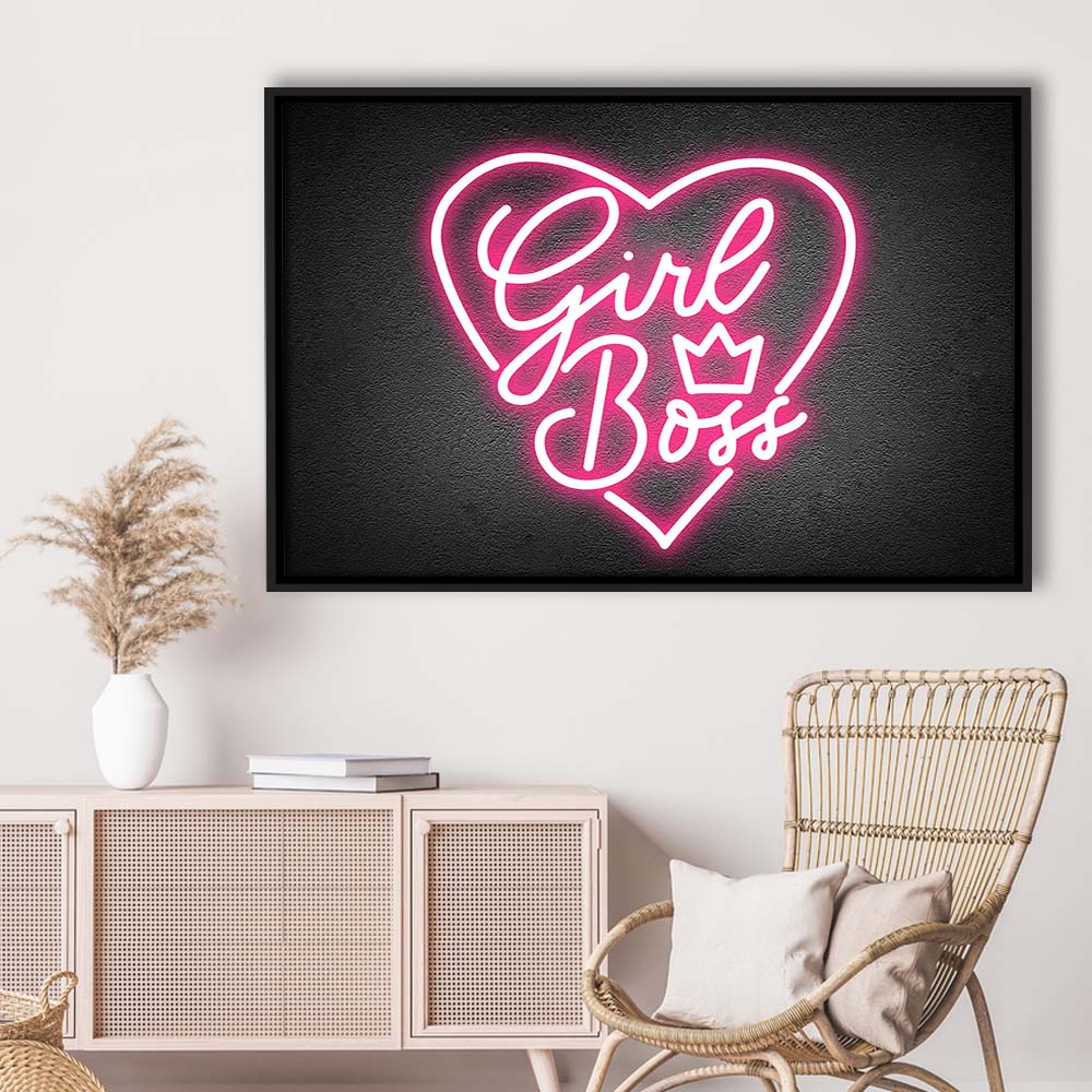 Girl Boss Art Print, Framed Canvas Print Wall Art Decor, Floating Frame, Neon Effect Art