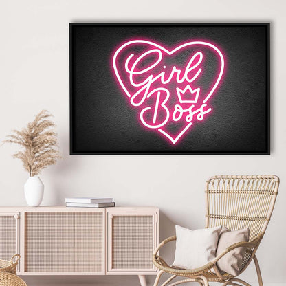 Girl Boss Art Print, Framed Canvas Print Wall Art Decor, Floating Frame, Neon Effect Art