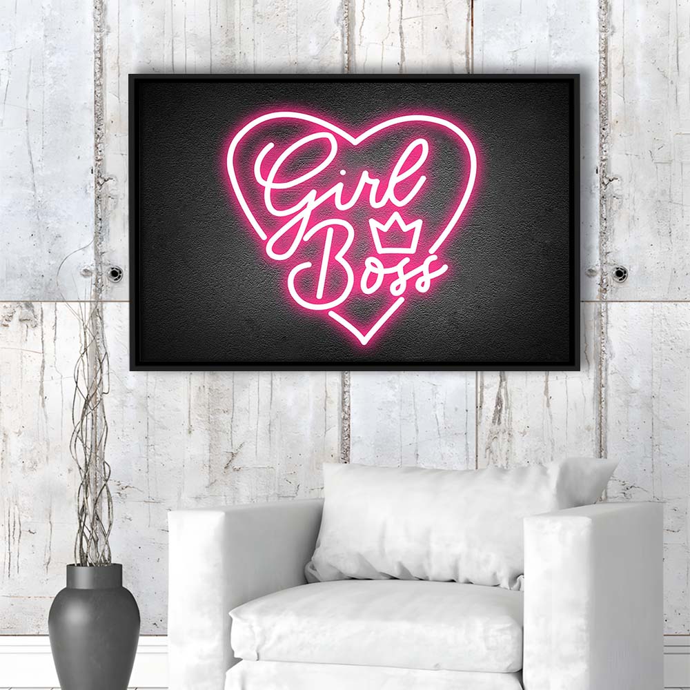 Girl Boss Art Print, Framed Canvas Print Wall Art Decor, Floating Frame, Neon Effect Art
