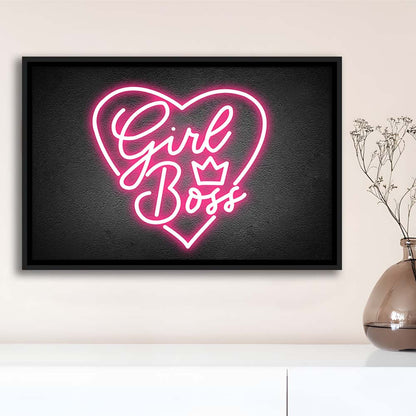 Girl Boss Art Print, Framed Canvas Print Wall Art Decor, Floating Frame, Neon Effect Art