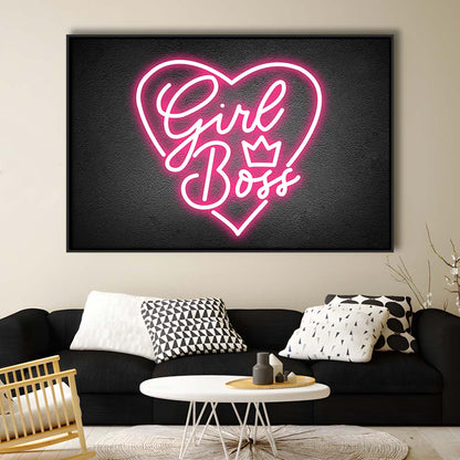 Girl Boss Art Print, Framed Canvas Print Wall Art Decor, Floating Frame, Neon Effect Art