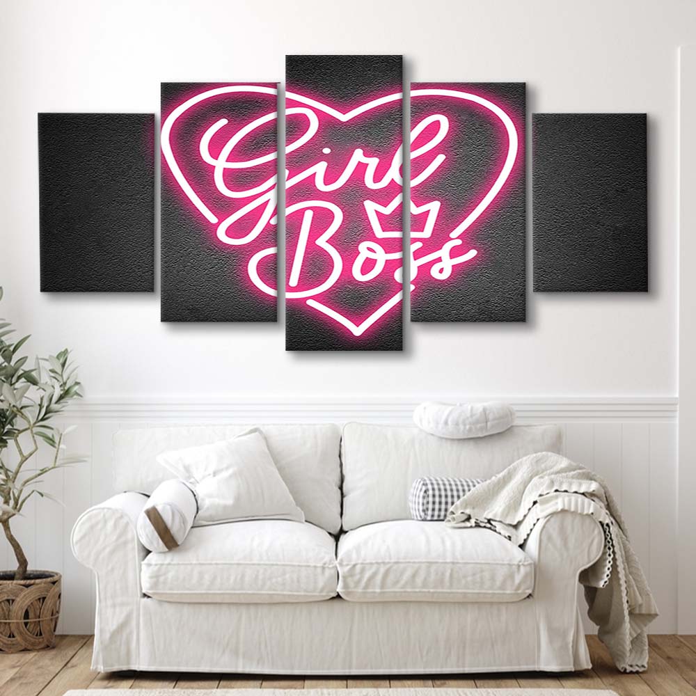 Girl Boss Art Print, 5 Panel Mixed Canvas Print Wall Art, Home Decor, Neon Canvas