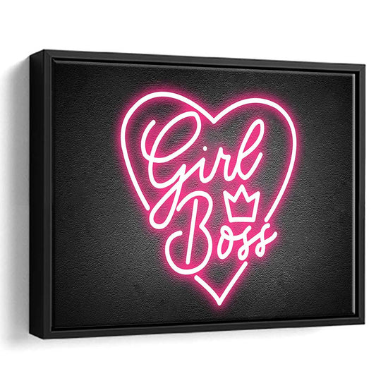 Girl Boss Art Print, Framed Canvas Print Wall Art Decor, Floating Frame, Neon Effect Art