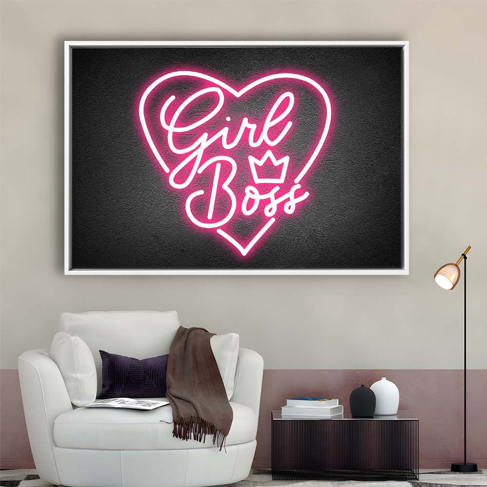 Girl Boss Art Print, Framed Canvas Print Wall Art Decor, Floating Frame, Neon Effect Art