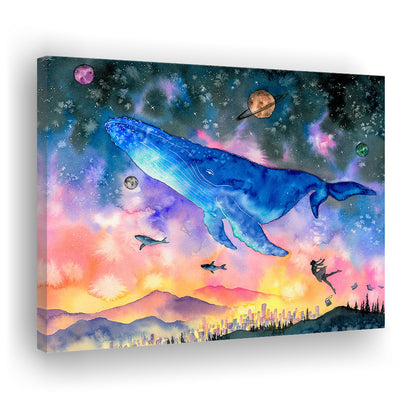 Girl Flying with Whales Abstract Art, Huge Blue Whale Canvas Print, Large Fantasy Art, Cavas Print Wall Art Hom Decor