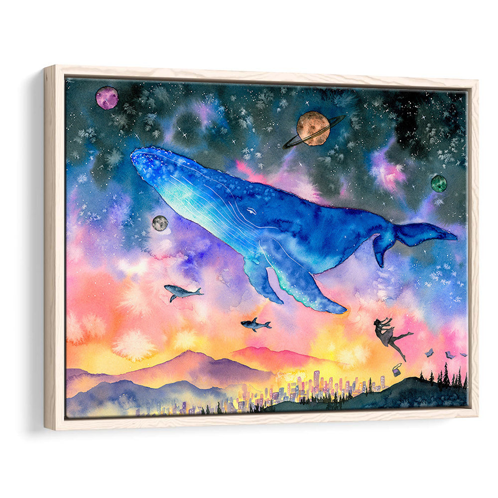 Girl Flying With Whales Abstract Art, Huge Blue Whale Canvas Print, Framed Cavas Print, Floating Frame