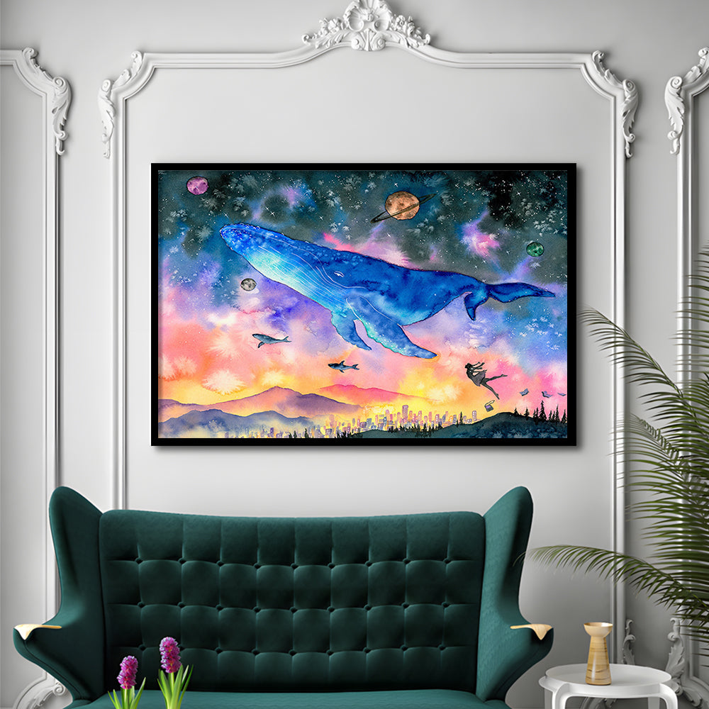 Girl Flying With Whales Abstract Art, Huge Blue Whale Art Prints, Large Fantasy Art, Framed Art Print, Picture Framed