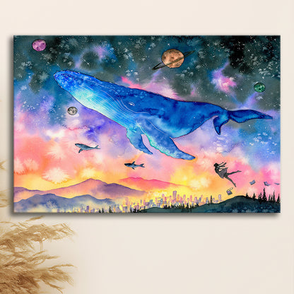 Girl Flying with Whales Abstract Art, Huge Blue Whale Canvas Print, Large Fantasy Art, Cavas Print Wall Art Hom Decor