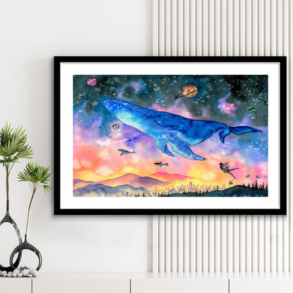 Girl Flying With Whales Abstract Art, Huge Blue Whale Art Print, Large Fantasy Art, Framed Art Print White Border
