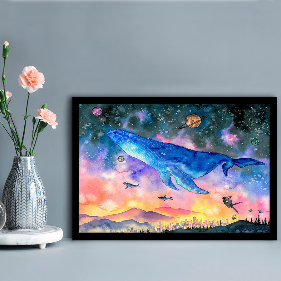 Girl Flying With Whales Abstract Art, Huge Blue Whale Art Prints, Large Fantasy Art, Framed Art Print, Picture Framed