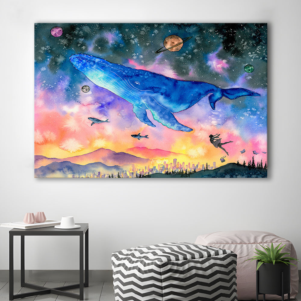 Girl Flying with Whales Abstract Art, Huge Blue Whale Canvas Print, Large Fantasy Art, Cavas Print Wall Art Hom Decor