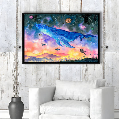 Girl Flying With Whales Abstract Art, Huge Blue Whale Canvas Print, Framed Cavas Print, Floating Frame