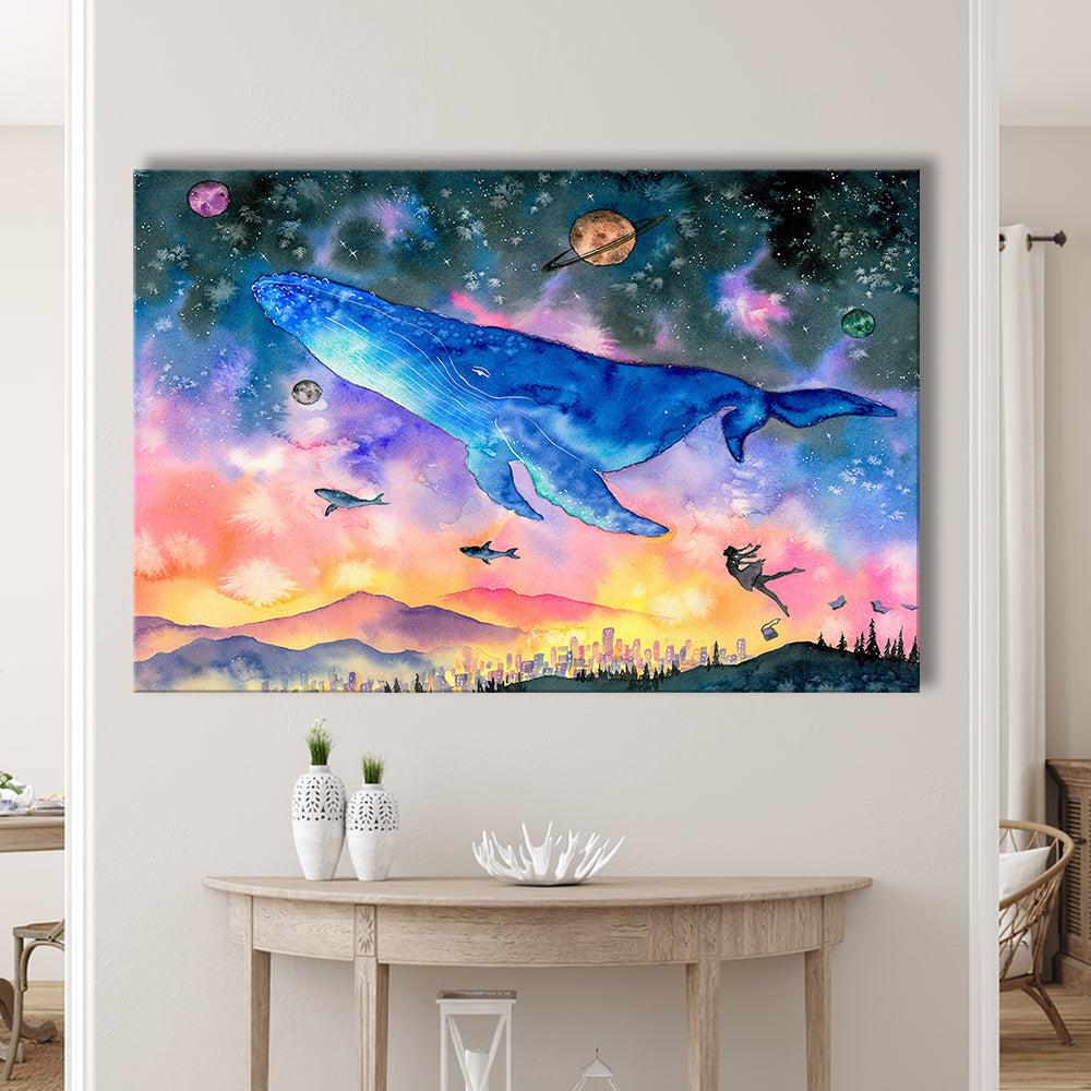 Girl Flying with Whales Abstract Art, Huge Blue Whale Canvas Print, Large Fantasy Art, Cavas Print Wall Art Hom Decor