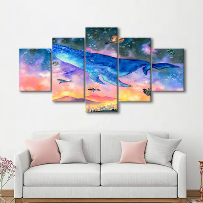 Girl Flying with Whales Abstract Art, Huge Blue Whale Canvas Print, Large Fantasy Art, 5 Piece Large Cavas Print Wall Art