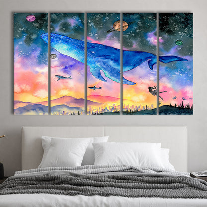 Girl Flying with Whales Abstract Art, Huge Blue Whale Canvas Print, 5 Piece B Extra Large Cavas Print Wall Art Decor