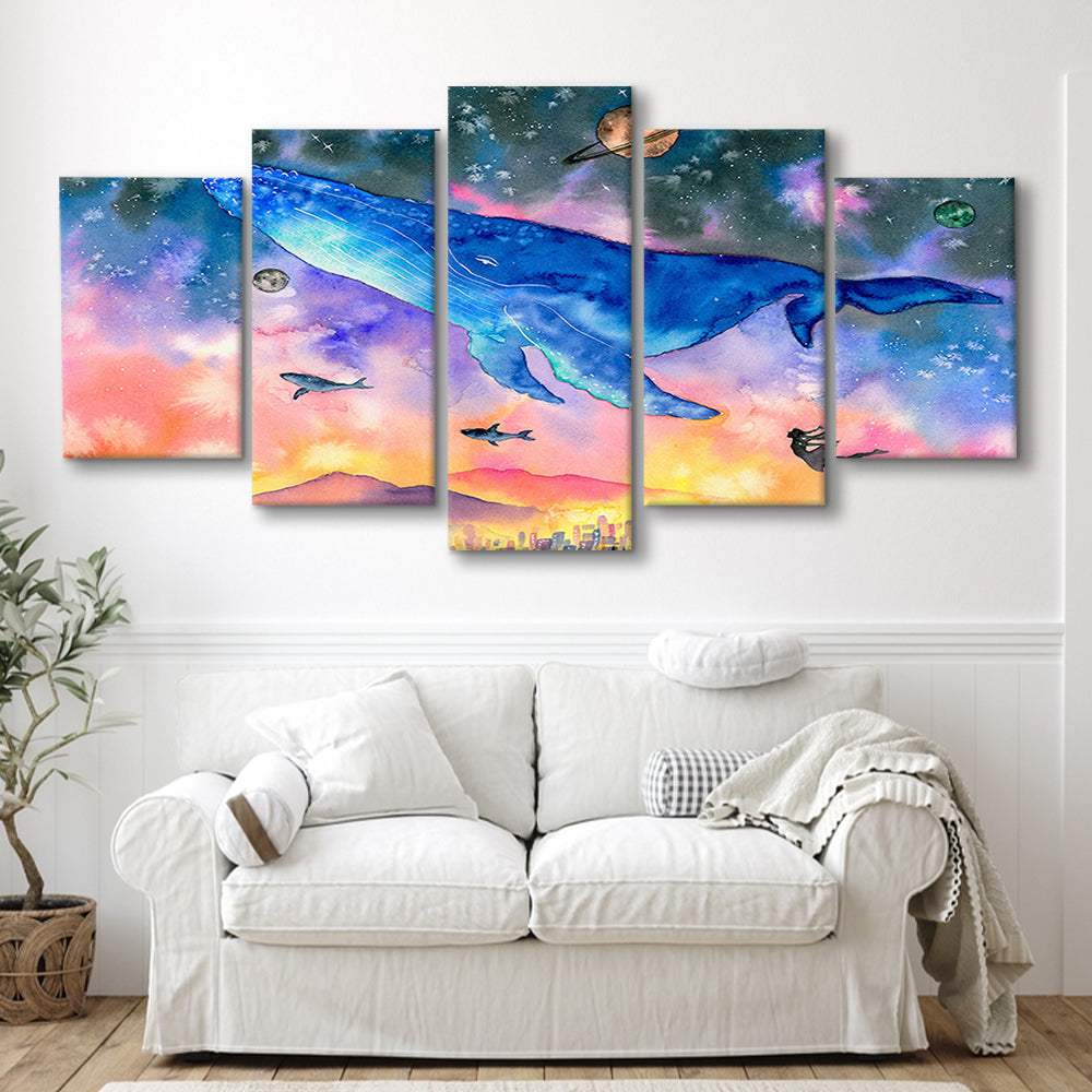 Girl Flying with Whales Abstract Art, Huge Blue Whale Canvas Print, Large Fantasy Art, 5 Piece Large Cavas Print Wall Art