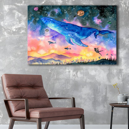 Girl Flying with Whales Abstract Art, Huge Blue Whale Canvas Print, Large Fantasy Art, Cavas Print Wall Art Hom Decor