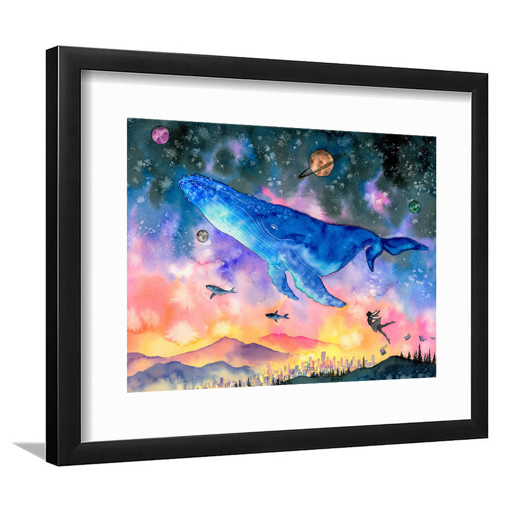 Girl Flying With Whales Abstract Art, Huge Blue Whale Art Print, Large Fantasy Art, Framed Art Print White Border