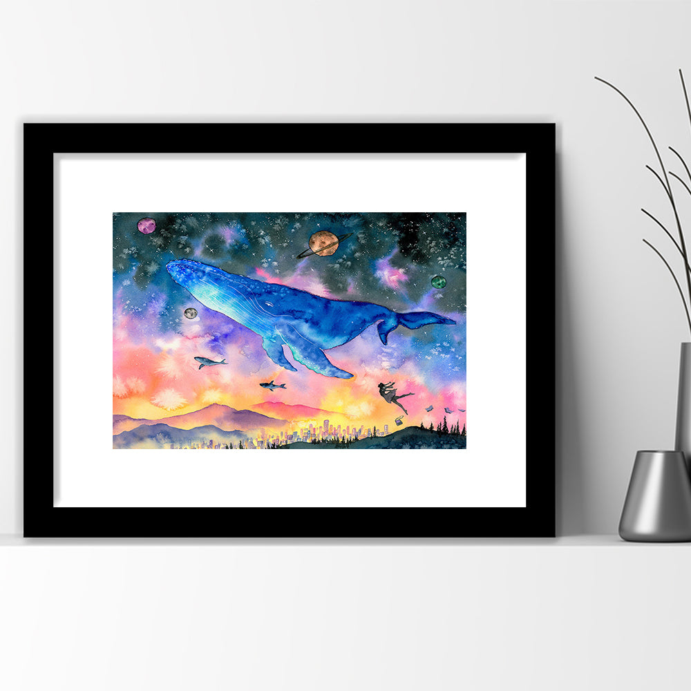 Girl Flying With Whales Abstract Art, Huge Blue Whale Art Print, Large Fantasy Art, Framed Art Print White Border