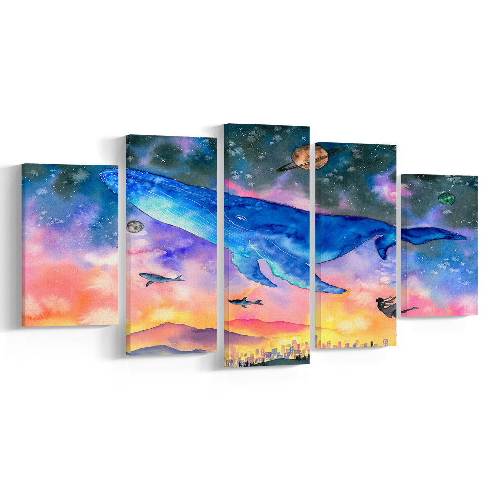 Girl Flying with Whales Abstract Art, Huge Blue Whale Canvas Print, Large Fantasy Art, 5 Piece Large Cavas Print Wall Art