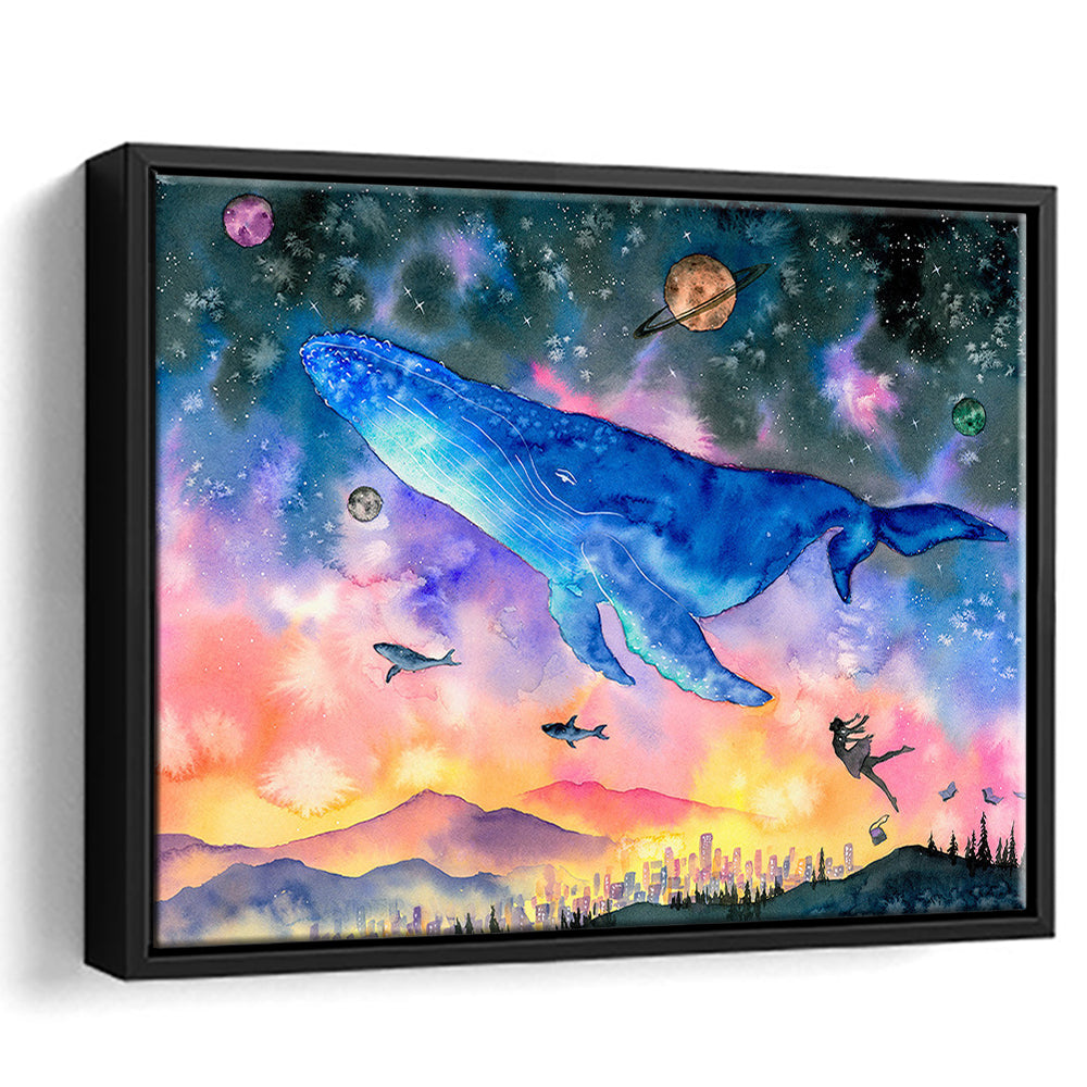 Girl Flying With Whales Abstract Art, Huge Blue Whale Canvas Print, Framed Cavas Print, Floating Frame