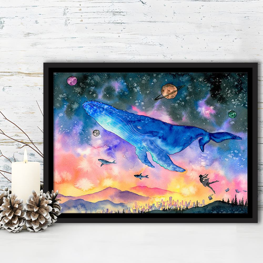 Girl Flying With Whales Abstract Art, Huge Blue Whale Canvas Print, Framed Cavas Print, Floating Frame