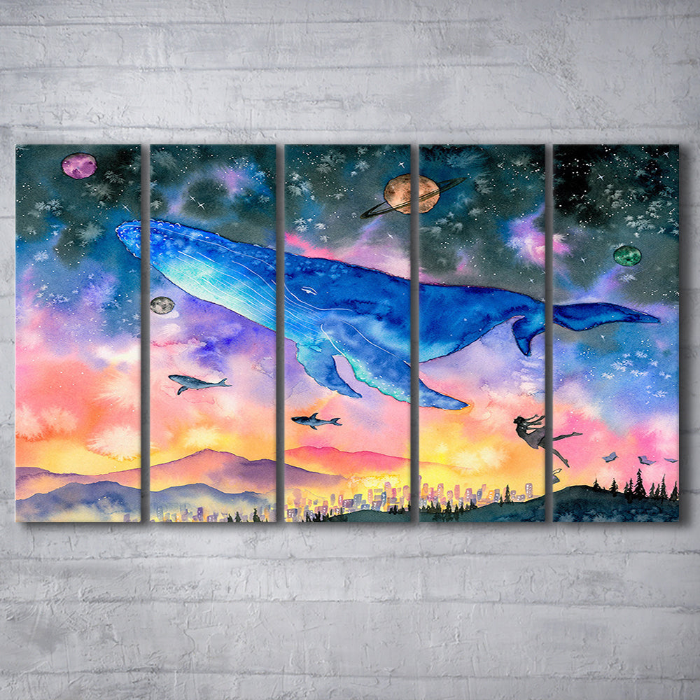 Girl Flying with Whales Abstract Art, Huge Blue Whale Canvas Print, 5 Piece B Extra Large Cavas Print Wall Art Decor