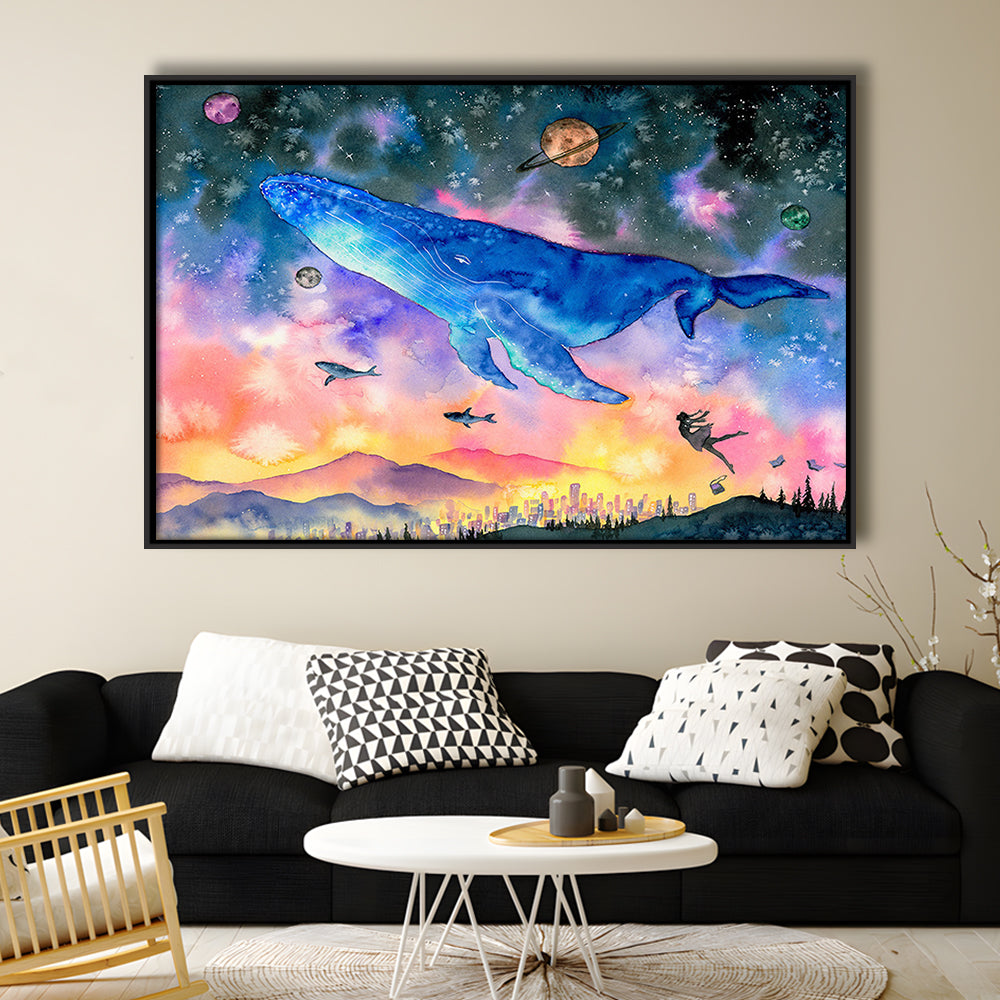 Girl Flying With Whales Abstract Art, Huge Blue Whale Canvas Print, Framed Cavas Print, Floating Frame