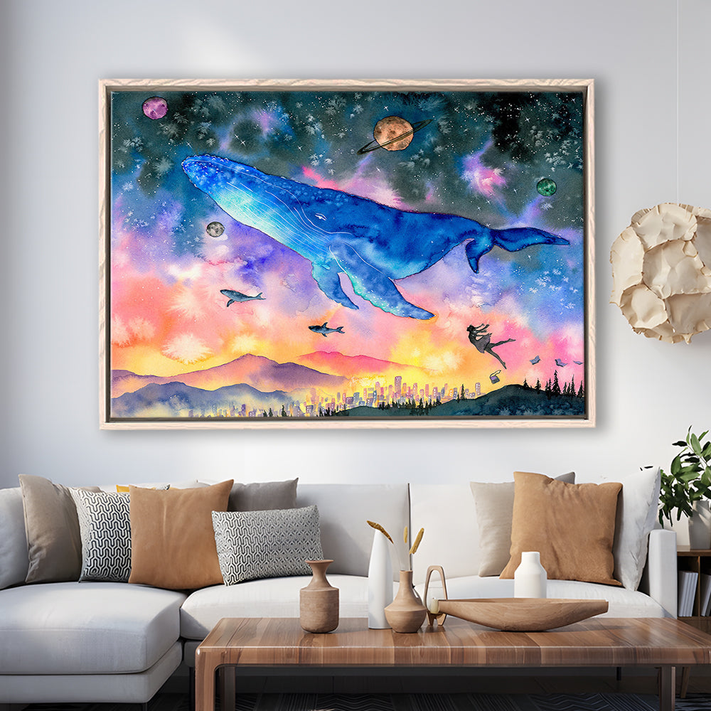 Girl Flying With Whales Abstract Art, Huge Blue Whale Canvas Print, Framed Cavas Print, Floating Frame
