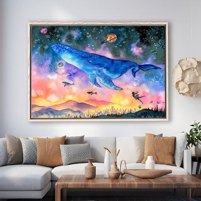 Girl Flying With Whales Abstract Art, Huge Blue Whale Canvas Print, Framed Cavas Print, Floating Frame