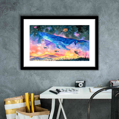 Girl Flying With Whales Abstract Art, Huge Blue Whale Art Print, Large Fantasy Art, Framed Art Print White Border
