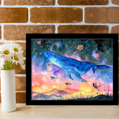 Girl Flying With Whales Abstract Art, Huge Blue Whale Art Prints, Large Fantasy Art, Framed Art Print, Picture Framed