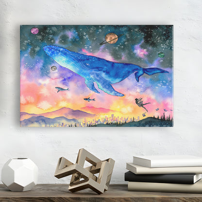 Girl Flying with Whales Abstract Art, Huge Blue Whale Canvas Print, Large Fantasy Art, Cavas Print Wall Art Hom Decor