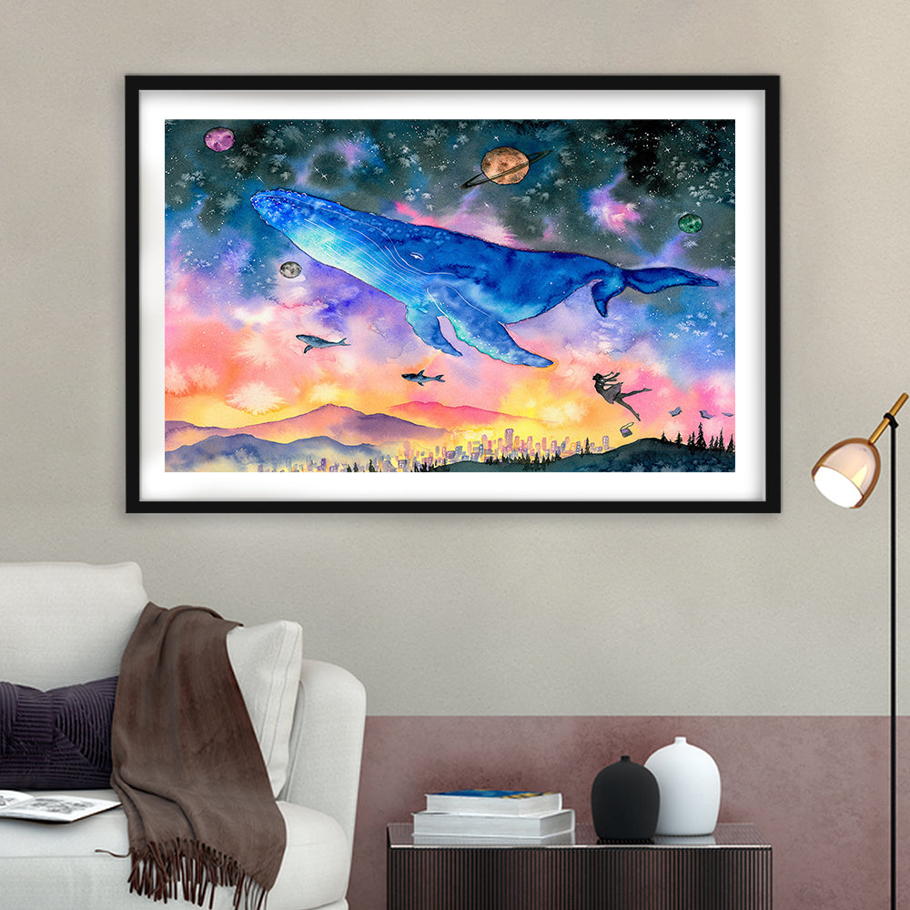 Girl Flying With Whales Abstract Art, Huge Blue Whale Art Print, Large Fantasy Art, Framed Art Print White Border