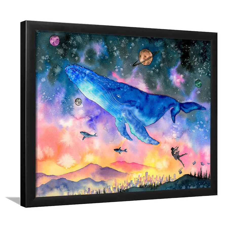 Girl Flying With Whales Abstract Art, Huge Blue Whale Art Prints, Large Fantasy Art, Framed Art Print, Picture Framed