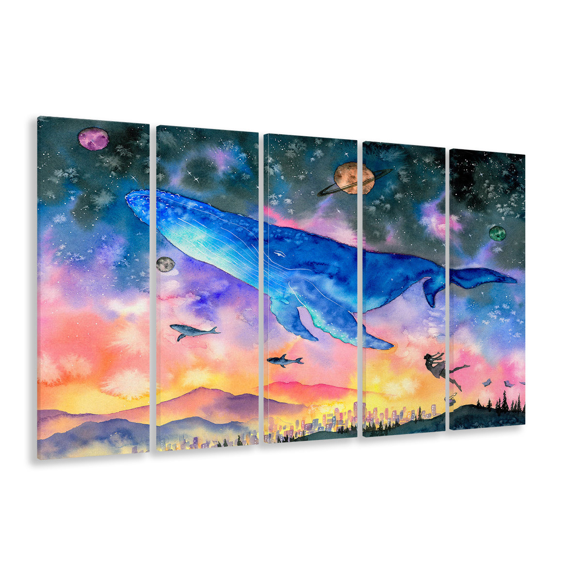 Girl Flying with Whales Abstract Art, Huge Blue Whale Canvas Print, 5 Piece B Extra Large Cavas Print Wall Art Decor