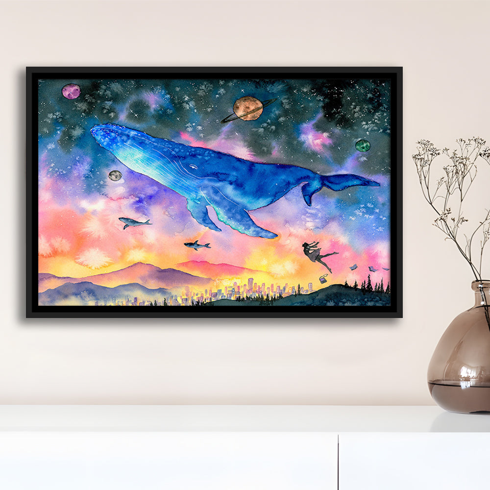 Girl Flying With Whales Abstract Art, Huge Blue Whale Canvas Print, Framed Cavas Print, Floating Frame