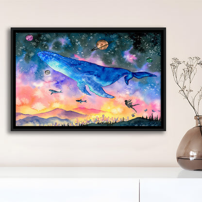 Girl Flying With Whales Abstract Art, Huge Blue Whale Canvas Print, Framed Cavas Print, Floating Frame