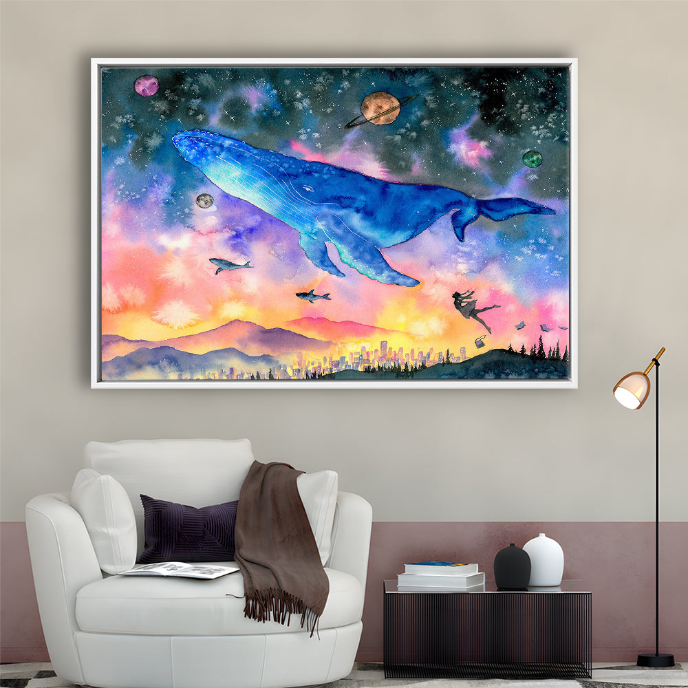 Girl Flying With Whales Abstract Art, Huge Blue Whale Canvas Print, Framed Cavas Print, Floating Frame